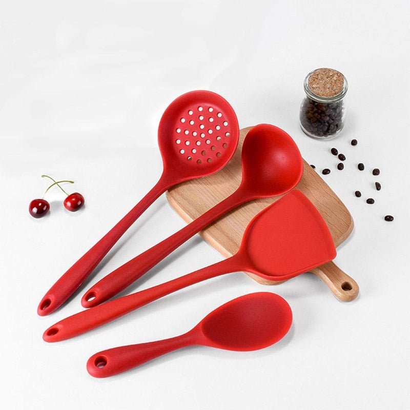 Ramkuwar 4PCS Kitchen Cooking Utensil Set Heat Resistant Kitchen Tool Silicone Spatula Soup Ladle Slotted Spoon for Nonstick Cookware Red - Image 1