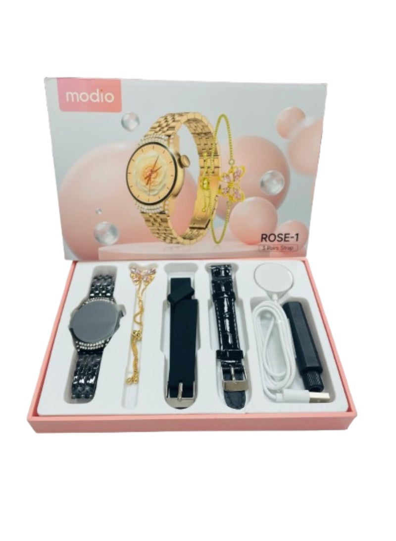 modio 3+1 pairs Gift Collection watch Luxurios Full Touch Color Screen Bluetooth Calling Health and Sports Smartwatch Black - Image 1