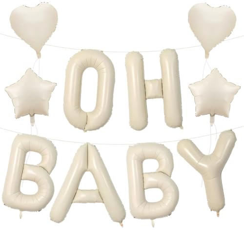 CEUQIESO 40 Inch Beige OH BABY Balloon for Gender Reveal Decorations Large Cream White Oh Baby Foil Balloons Letters with Ribbon Alphabet Oh Baby Banner Sign for Baby Shower Decorations Birthday - Image 1