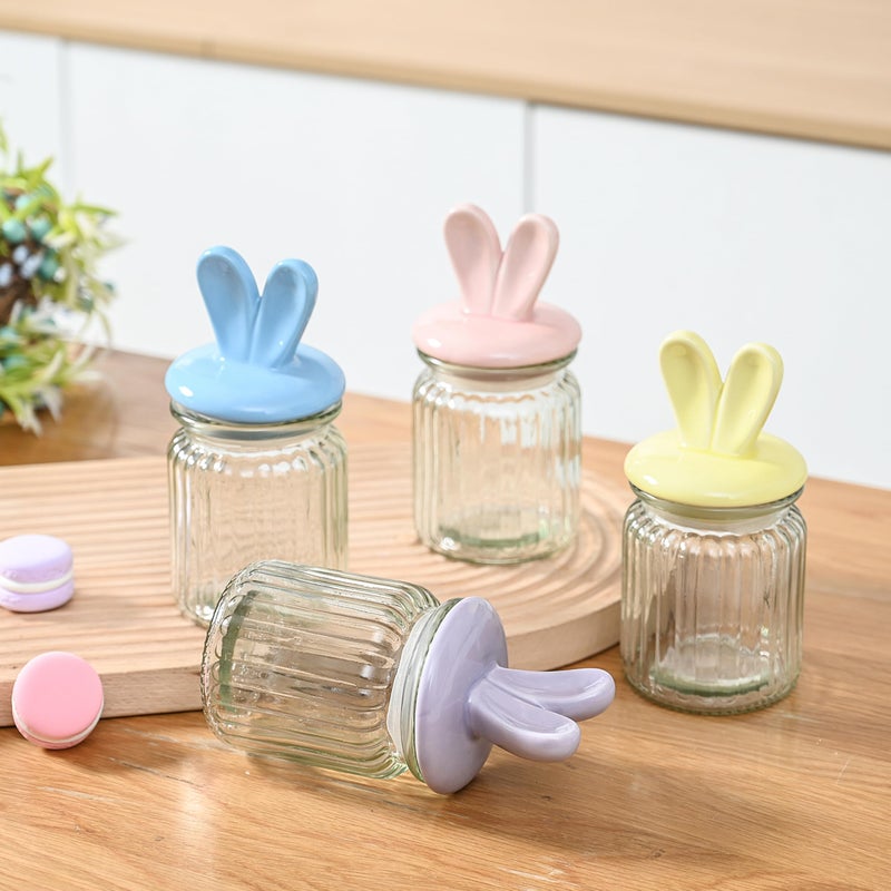 FESTGLOX Glass Easter Candy Jars with Ceramic Bunny Ear Lids, 4Pcs Sealing Bunny Jars in Pastel Colors for Storage, Mini Eggs, Cookies, Tray, Table Centerpiece, Kitchen, Home Spring Decor - Image 2