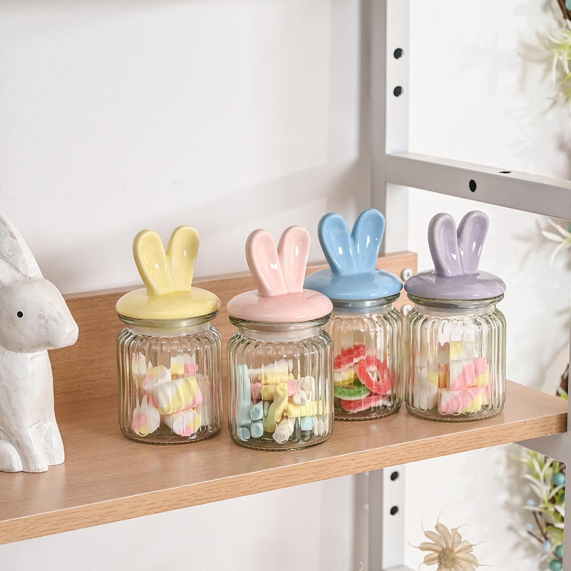 FESTGLOX Glass Easter Candy Jars with Ceramic Bunny Ear Lids, 4Pcs Sealing Bunny Jars in Pastel Colors for Storage, Mini Eggs, Cookies, Tray, Table Centerpiece, Kitchen, Home Spring Decor - Image 3