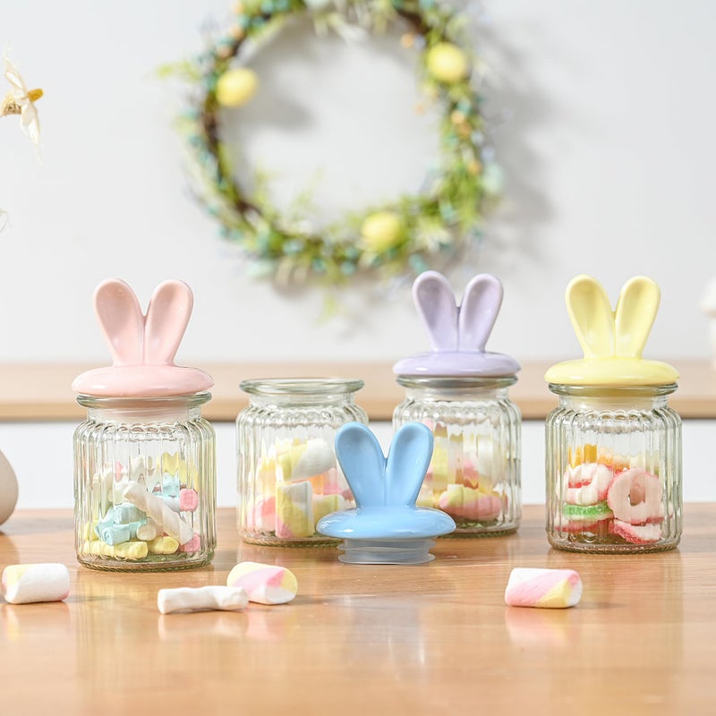 FESTGLOX Glass Easter Candy Jars with Ceramic Bunny Ear Lids, 4Pcs Sealing Bunny Jars in Pastel Colors for Storage, Mini Eggs, Cookies, Tray, Table Centerpiece, Kitchen, Home Spring Decor - Image 1