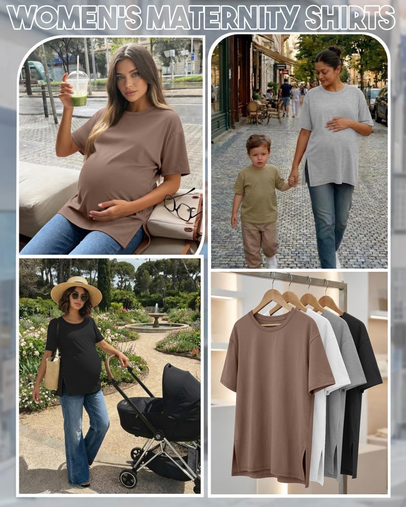 Riyiper 4 Pack Women's Maternity T Shirts, Short Sleeve Split Side Pregnancy Tee Tops Casual Loose Crewneck Maternity Clothes(Black, Light Heather Gray, White, Coffee,Medium) - Image 4