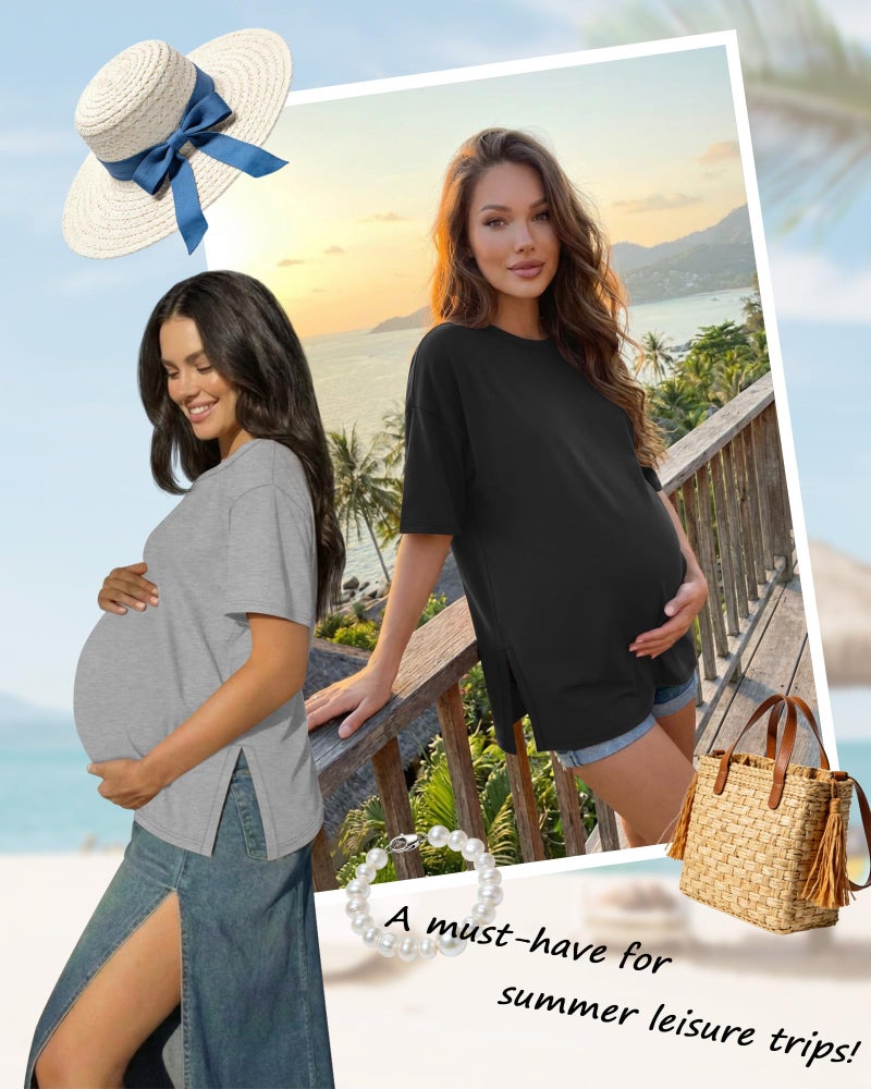 Riyiper 4 Pack Women's Maternity T Shirts, Short Sleeve Split Side Pregnancy Tee Tops Casual Loose Crewneck Maternity Clothes(Black, Light Heather Gray, White, Coffee,Medium) - Image 5