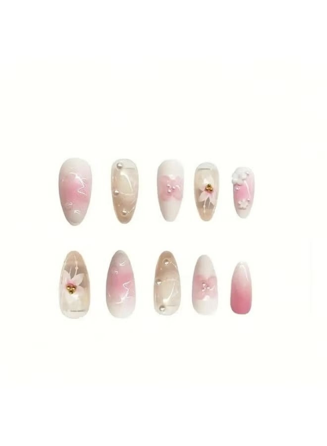 لوميا 24 قطعة من أظافر الضغط مع زهور ثلاثية الأبعاد وسحر اللؤلؤ، أظافر صناعية لامعة بلون اللوز للنساء، أظافر لاصقة من الأكريليك بنقشة زهور صيفية، مجموعة مانيكير كاملة قابلة لإعادة الاستخدام مع علامات تبويب غراء ومبرد أظافر (وردي) - Image 2