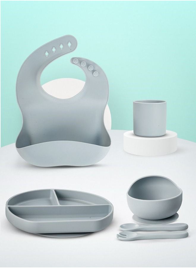 BAYBEE - Baybee Silicone Baby Feeding Set of 6 Pcs Tableware Kit for Toddler Kids BPA Free Self Eating Utensils Dishwasher Food Grade Suction Bowl Divided Plate with Adjustable Feeding Bib/ Cup/ Spoon (Grey) - Image 1