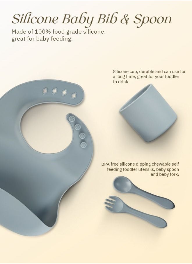 BAYBEE - Baybee Silicone Baby Feeding Set of 6 Pcs Tableware Kit for Toddler Kids BPA Free Self Eating Utensils Dishwasher Food Grade Suction Bowl Divided Plate with Adjustable Feeding Bib/ Cup/ Spoon (Grey) - Image 1