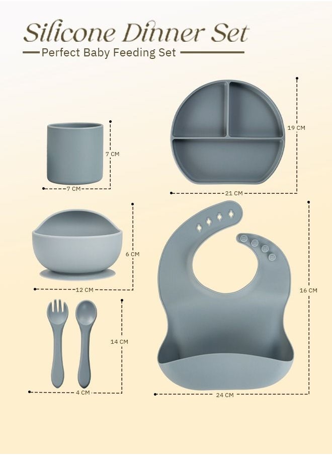 BAYBEE - Baybee Silicone Baby Feeding Set of 6 Pcs Tableware Kit for Toddler Kids BPA Free Self Eating Utensils Dishwasher Food Grade Suction Bowl Divided Plate with Adjustable Feeding Bib/ Cup/ Spoon (Grey) - Image 1