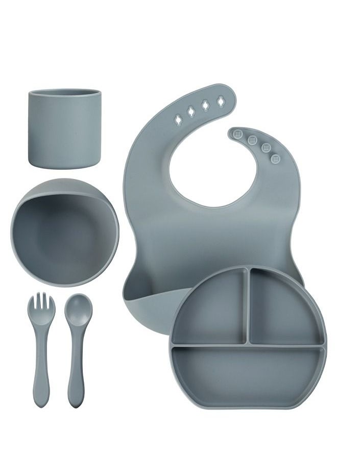 BAYBEE - Baybee Silicone Baby Feeding Set of 6 Pcs Tableware Kit for Toddler Kids BPA Free Self Eating Utensils Dishwasher Food Grade Suction Bowl Divided Plate with Adjustable Feeding Bib/ Cup/ Spoon (Grey) - Image 1