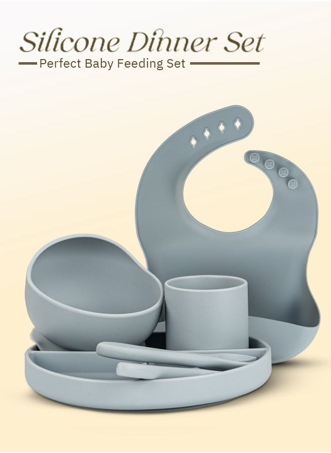 BAYBEE - Baybee Silicone Baby Feeding Set of 6 Pcs Tableware Kit for Toddler Kids BPA Free Self Eating Utensils Dishwasher Food Grade Suction Bowl Divided Plate with Adjustable Feeding Bib/ Cup/ Spoon (Grey) - Image 1