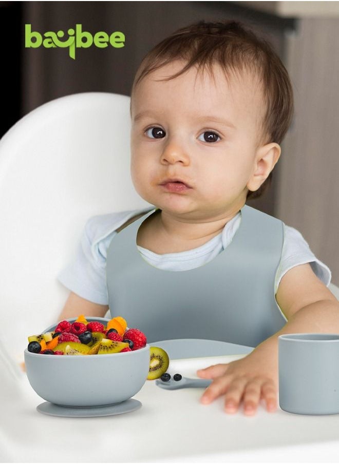 BAYBEE - Baybee Silicone Baby Feeding Set of 6 Pcs Tableware Kit for Toddler Kids BPA Free Self Eating Utensils Dishwasher Food Grade Suction Bowl Divided Plate with Adjustable Feeding Bib/ Cup/ Spoon (Grey) - Image 1
