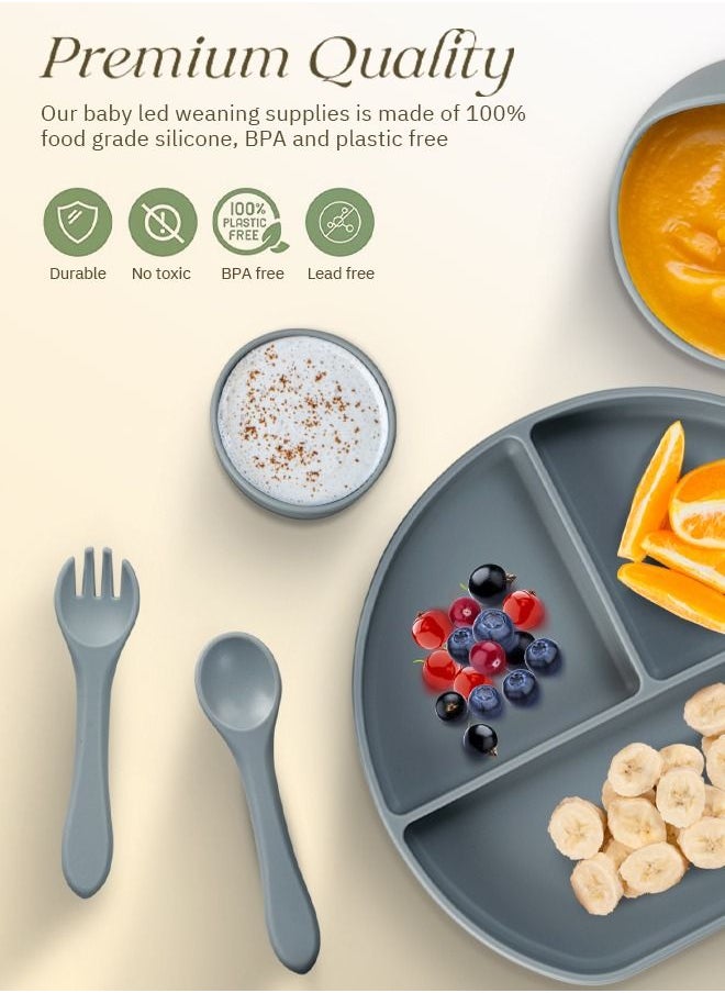 BAYBEE - Baybee Silicone Baby Feeding Set of 6 Pcs Tableware Kit for Toddler Kids BPA Free Self Eating Utensils Dishwasher Food Grade Suction Bowl Divided Plate with Adjustable Feeding Bib/ Cup/ Spoon (Grey) - Image 1