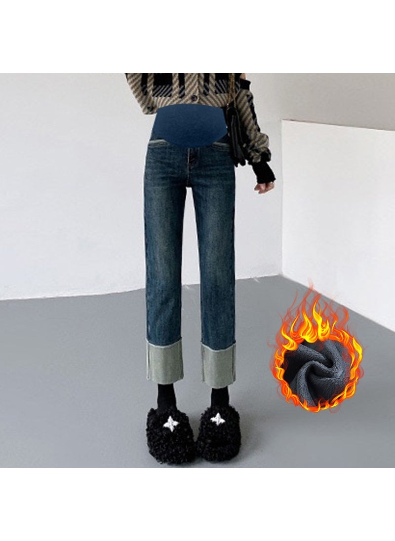 Generic High Waist Maternity Jeans Straight Leg Crop Pants Elastic Loose Fit Spring Autumn Outerwear Turn up Casual Denim Trousers Black fleece-lined  - Image 3