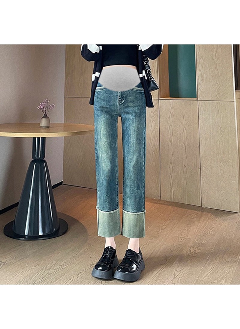 Generic High Waist Maternity Jeans Straight Leg Crop Pants Elastic Loose Fit Spring Autumn Outerwear Turn up Casual Denim Trousers Black fleece-lined  - Image 5