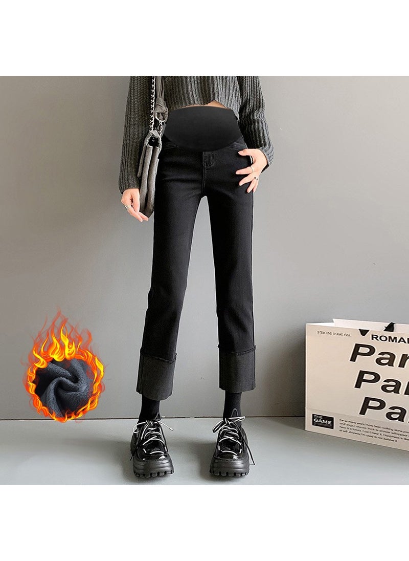 Generic High Waist Maternity Jeans Straight Leg Crop Pants Elastic Loose Fit Spring Autumn Outerwear Turn up Casual Denim Trousers Black fleece-lined  - Image 1