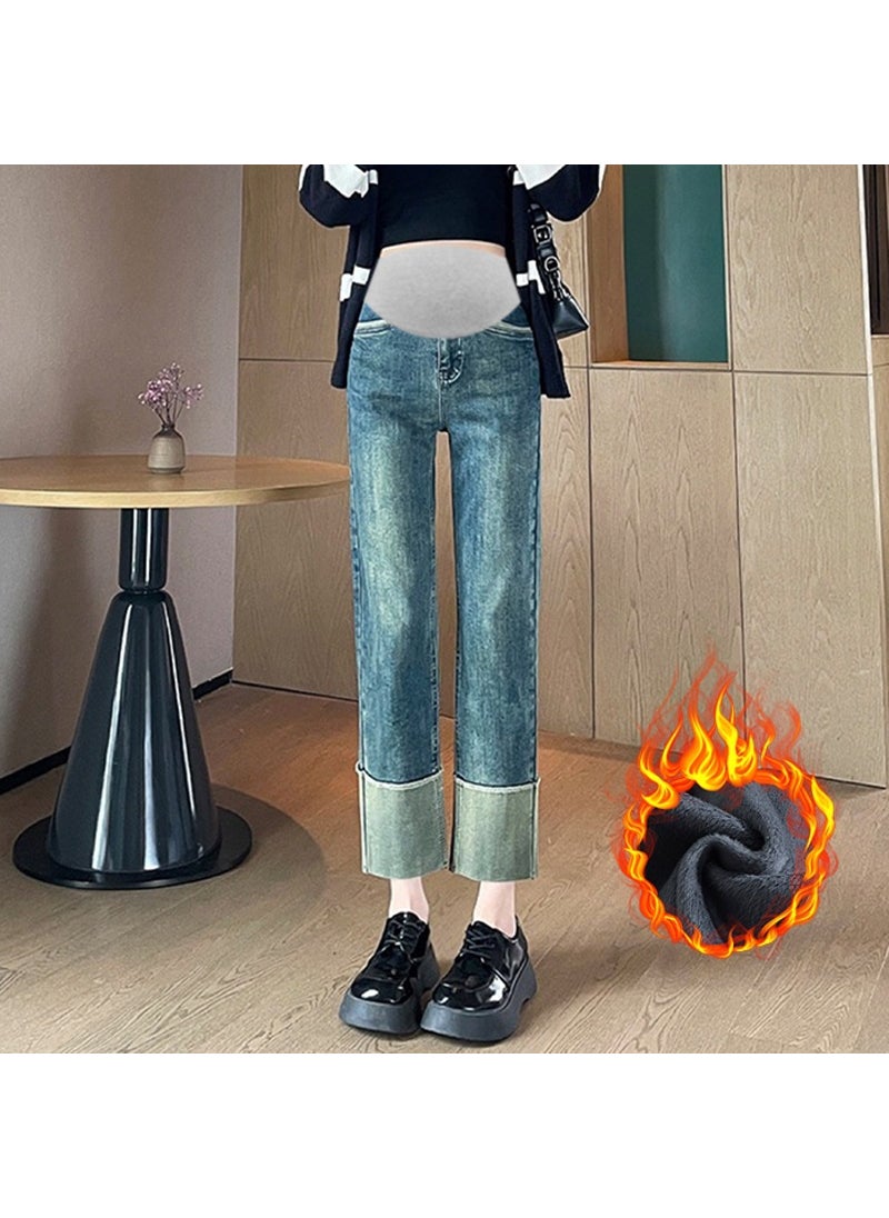 Generic High Waist Maternity Jeans Straight Leg Crop Pants Elastic Loose Fit Spring Autumn Outerwear Turn up Casual Denim Trousers Black fleece-lined  - Image 2