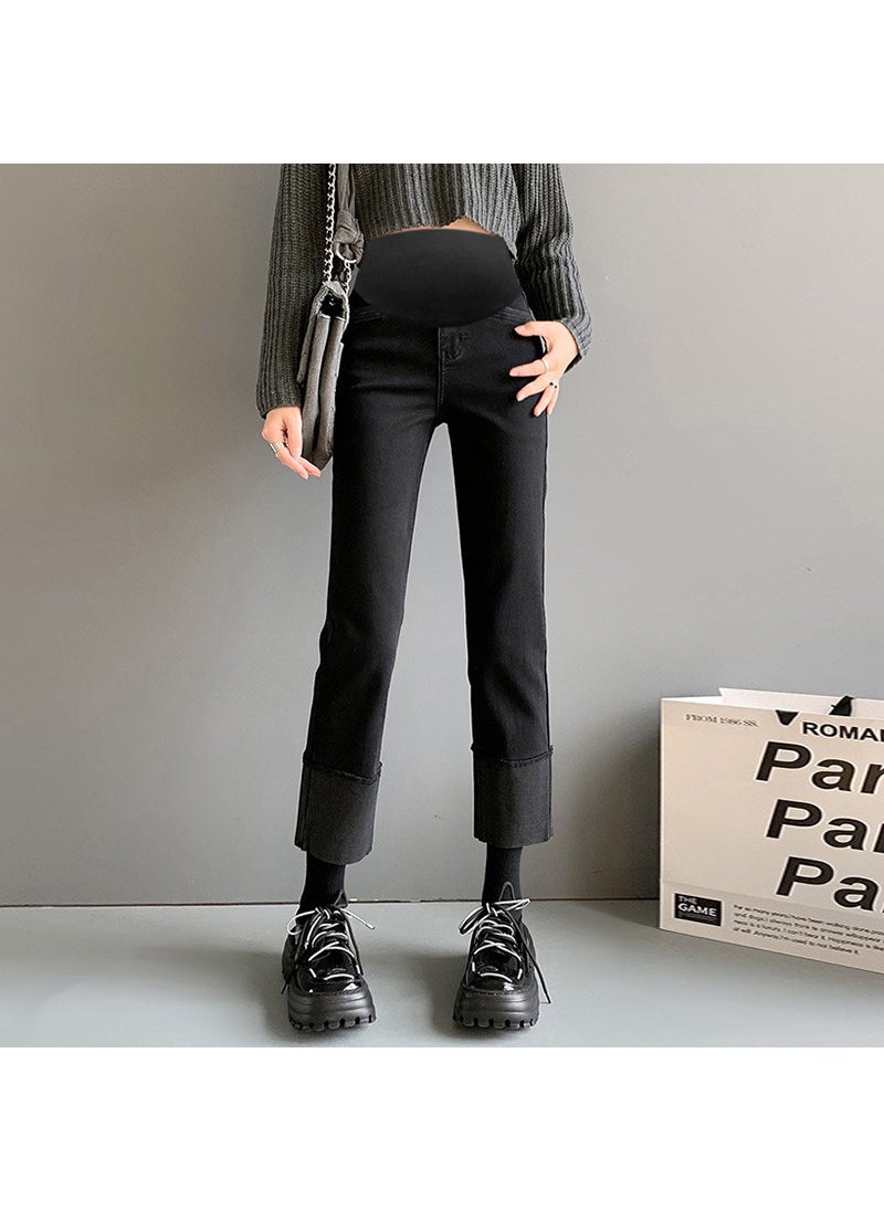 Generic High Waist Maternity Jeans Straight Leg Crop Pants Elastic Loose Fit Spring Autumn Outerwear Turn up Casual Denim Trousers Black fleece-lined  - Image 4