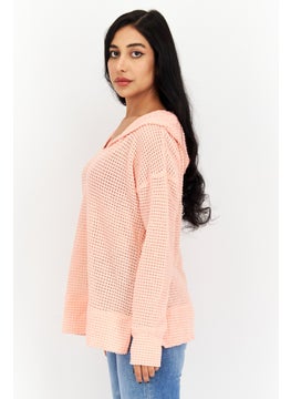Weatherproof Women Hooded Long Sleeves Knitted Sweatshirt, Coral  - Image 3