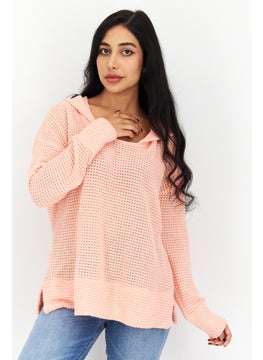 Weatherproof Women Hooded Long Sleeves Knitted Sweatshirt, Coral  - Image 1