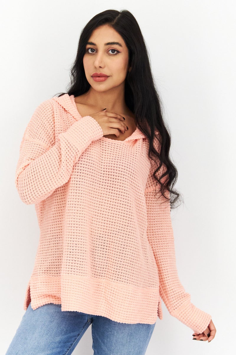 Weatherproof Women Hooded Long Sleeves Knitted Sweatshirt, Coral - Image 1