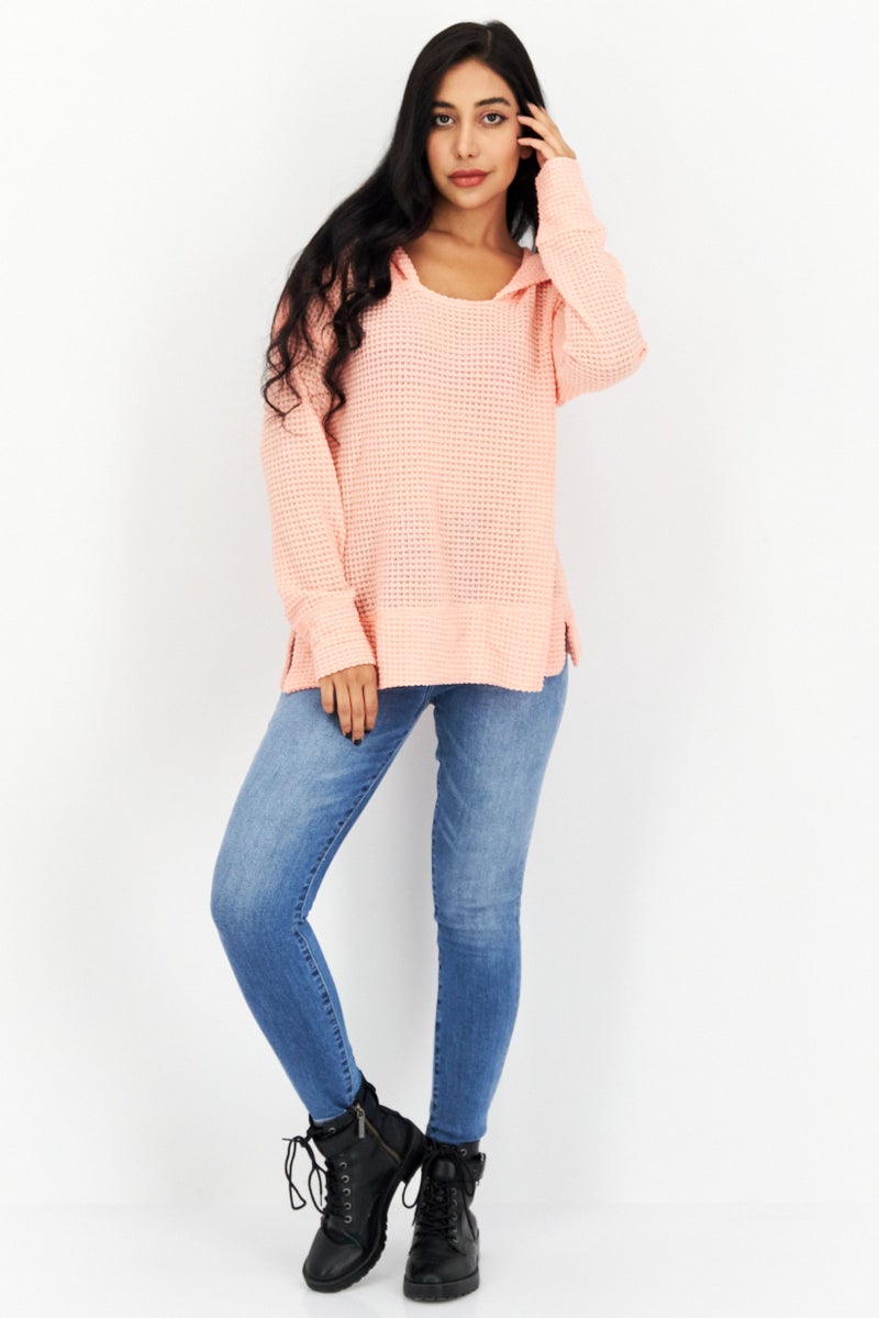 Weatherproof Women Hooded Long Sleeves Knitted Sweatshirt, Coral - Image 4