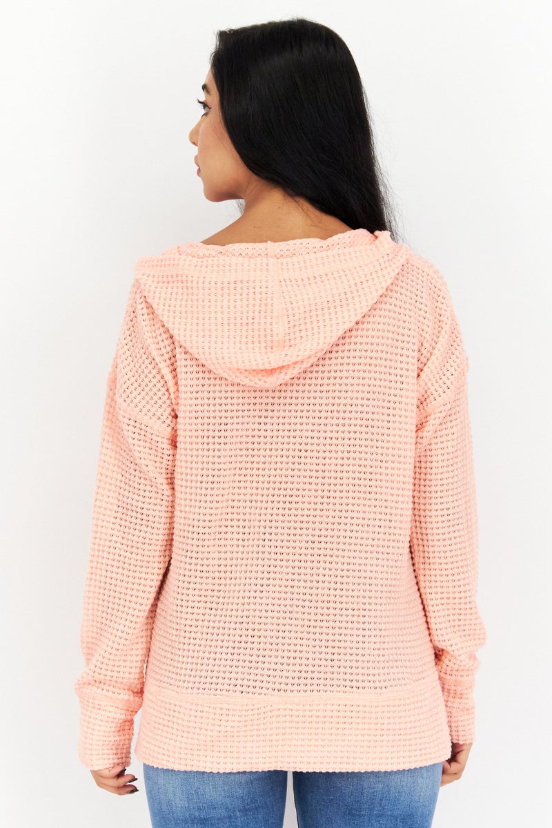 Weatherproof Women Hooded Long Sleeves Knitted Sweatshirt, Coral - Image 2