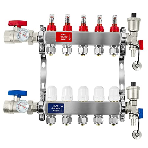 AB 5 Loop PEXRadiant Manifold 12 Inch Compatible Outlets Up to 14 GPM Flow Valve for Hydronic Radiant Floor Heating12 Connectors Included
