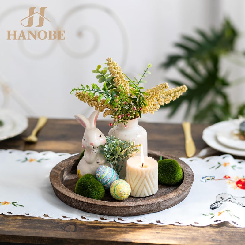 Hanobe Rustic Wooden Serving Tray: Round Wood Butler Decorative Tray Vintage Centerpiece Candle Holder Trays Farmhouse Ottoman Tray for Decor Countertop Home Decor Accessories for Coffee Table - Image 2