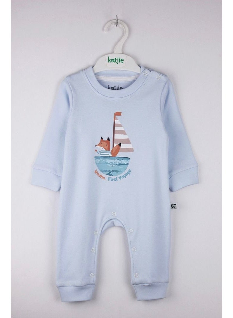 Katjie Baby Romper, Light Blue, Long Sleeve, Fox Sailboat Print, First Voyage Theme, Snap Buttons Code 1068