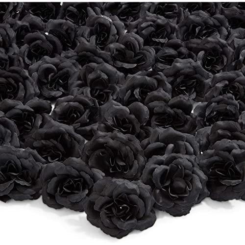 Bright Creations 50 Pack Black Roses Artificial Flowers Bulk 3 Inch Stemless Silk Fake Roses Dark Faux Flowers for Decoration Halloween Floral Decor Wedding Bouquets Home Wall Accents