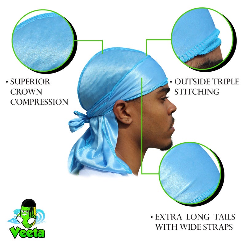 Veeta Superior Silk Durag - Smooth Silk Durag for Men & Women, Long Double Wide Straps, Outside Seam Triple Stitch Du Rag Blue Frost - Image 3