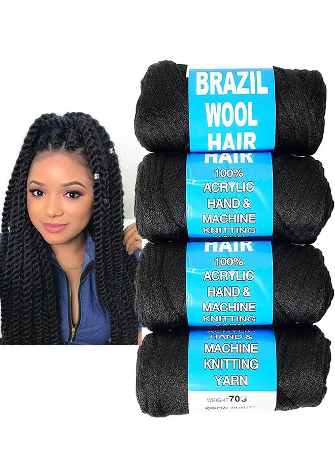 4 حزم خيوط الشعر من الصوف البرازيلي ، خيوط الصوف للخياطة بالطاشية ، Twist Warps ، Locs الزائفة ، خيوط الشعر Jumbo و Senegalese Twisting Wool Hair Attachment Knitting Hair Braids ، الأسود - Image 1