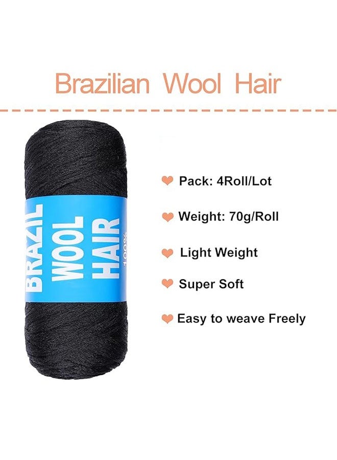 4 حزم خيوط الشعر من الصوف البرازيلي ، خيوط الصوف للخياطة بالطاشية ، Twist Warps ، Locs الزائفة ، خيوط الشعر Jumbo و Senegalese Twisting Wool Hair Attachment Knitting Hair Braids ، الأسود - Image 2