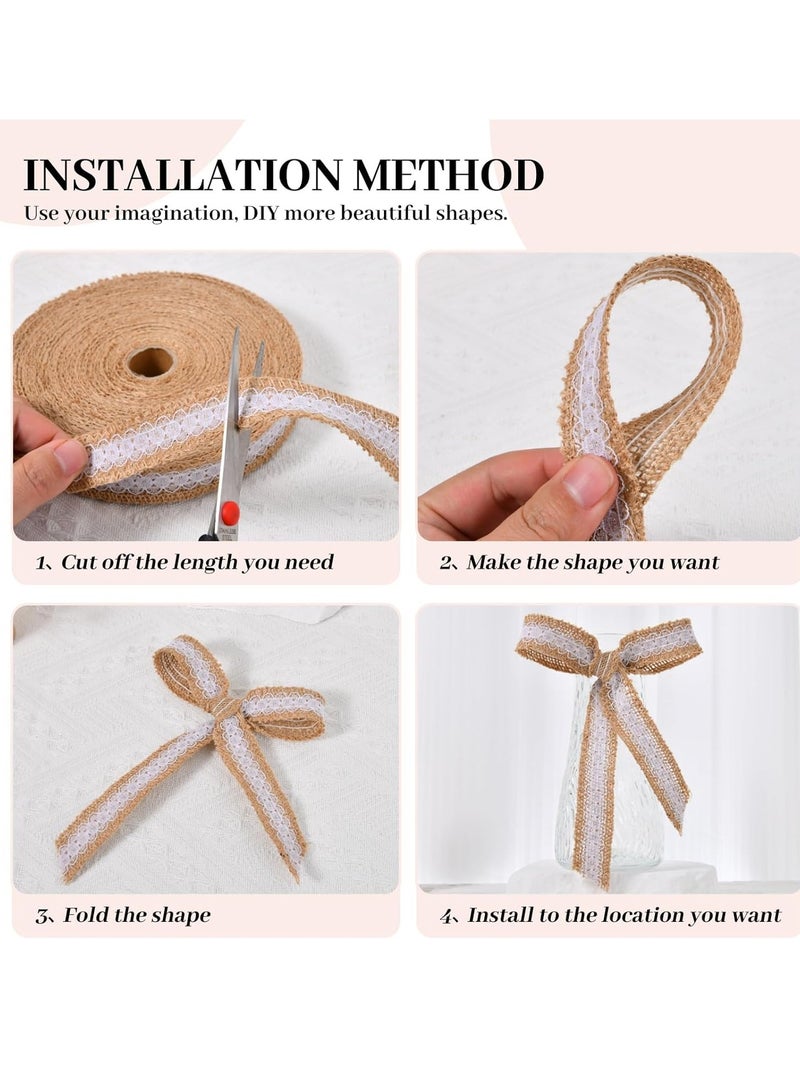 Suntown 10.9 Yards Burlap Ribbon with White Lace Trims Tape, Rustic Natural Jute Burlap Ribbon Roll, for DIY Crafts Vintage Wedding Party Favor Fall Holiday Tree Decorations - Image 3