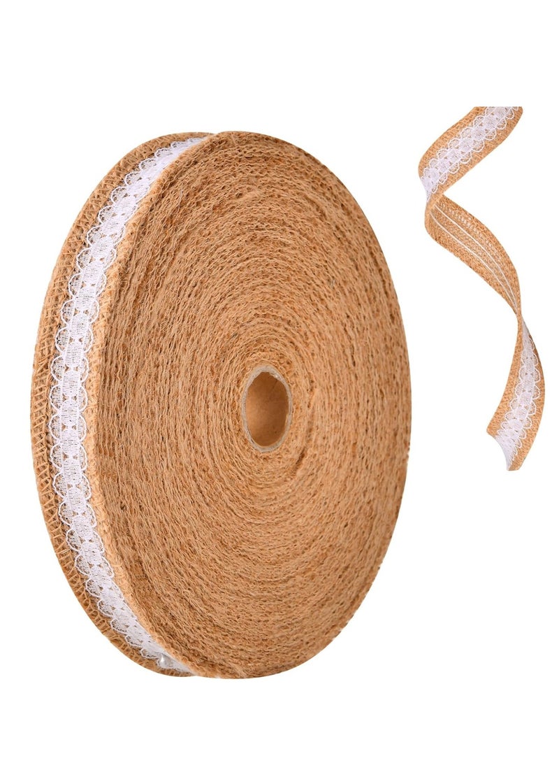 Suntown 10.9 Yards Burlap Ribbon with White Lace Trims Tape, Rustic Natural Jute Burlap Ribbon Roll, for DIY Crafts Vintage Wedding Party Favor Fall Holiday Tree Decorations - Image 1