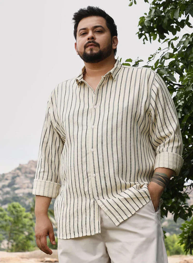 Instafab Plus Instafab Men's Off-White Dotted-Stripe Jacquard Shirt | Spread Collar , Long Cuffed Sleeves , Button Closure | Stripes Dobby | Cotton Shirt For Casual Wear