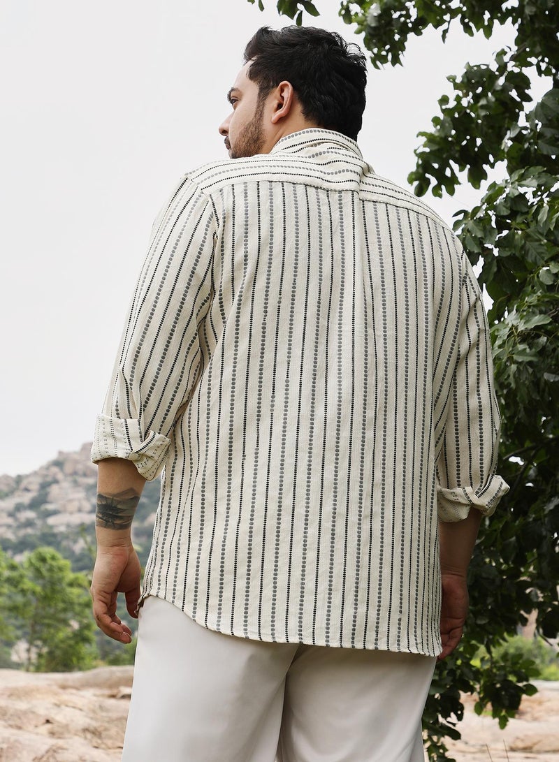 Instafab Plus Instafab Men's Off-White Dotted-Stripe Jacquard Shirt | Spread Collar , Long Cuffed Sleeves , Button Closure | Stripes Dobby | Cotton Shirt For Casual Wear - Image 5