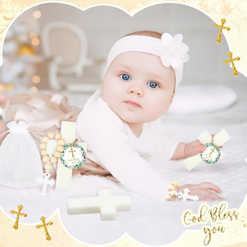 Swiffen 96 Pcs Cross Soap Baptism Favors Set Include 24 Scented Soap Favors 24 Wooden Rosary 24 Bags and 24 Cards Baby Baptism Favor for Baby Shower Christening Favors Guests First Communion Gifts - Image 5
