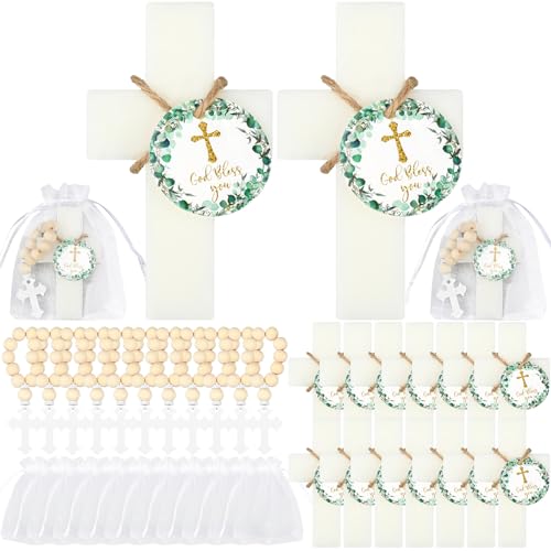 Swiffen 96 Pcs Cross Soap Baptism Favors Set Include 24 Scented Soap Favors 24 Wooden Rosary 24 Bags and 24 Cards Baby Baptism Favor for Baby Shower Christening Favors Guests First Communion Gifts - Image 1