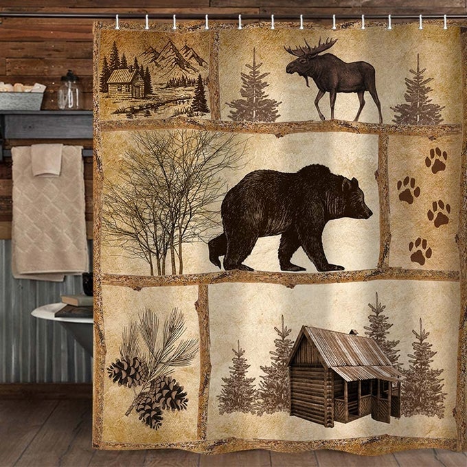 RUSTIC CABIN SHOWER CURTAIN SET FARMHOUSE COUNTRY ANTIQUE BEAR MOOSE FOREST VINTAGE WOOD DECOR BATH CURTAINHUNTING CAMPING WATERPROOF FABRIC BATHROOM ACCESSORIES SET 69X70 INCH WITH HOOKS
