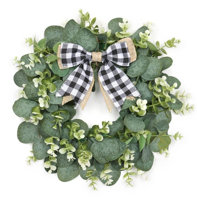 12 ARTIFICIAL EUCALYPTUS WREATH WITH PLAID BOW SPRING SUMMER GREEN LEAF WREATH FOR FRONT DOOR WINDOW PORCH FARMHOUSE DECOR FESTIVAL CELEBRATION HOME DECOR WHITEBLACK PLAIDSMALL