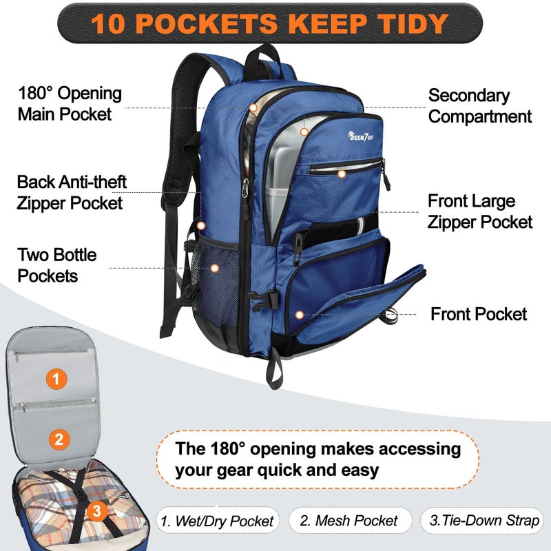 Seektop Lightweight Travel Backpack for Men Women, Multiple Pockets 40L Hiking Backpack Foldable Carry on Backpack for Outdoor Camping Sport Leisure (Blue) - Image 2