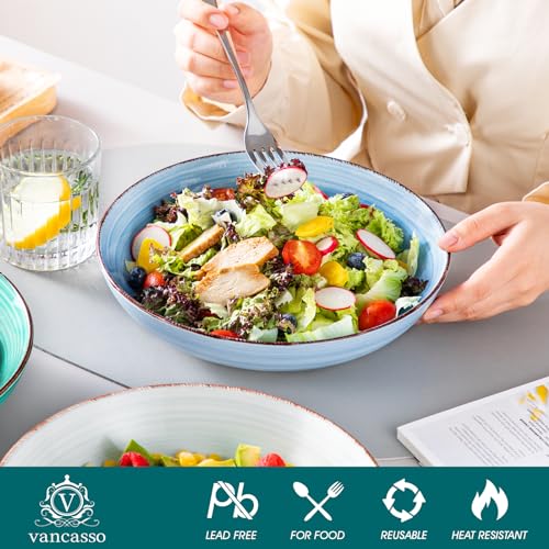 vancasso Bonita Pasta Bowls Set of 6, 50oz Large Salad Bowls for Kitchen, Stoneware Serving Bowls Dishwasher & Microwave Safe, Blue Bowl Set - Image 3