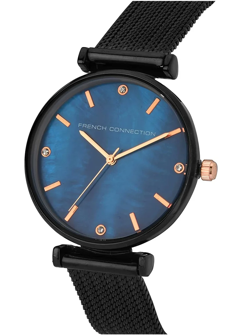 فرنش كونكشن 36mm Quartz Women's Watch with Blue Dial & Black Stainless Steel Bracelet