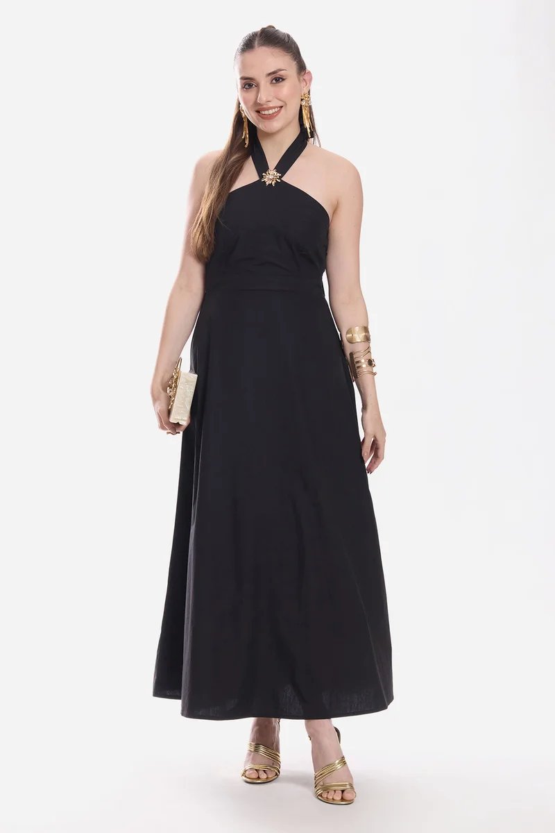 فيرجيو Solid Cotton Halter Neck Maxi Dress for Women