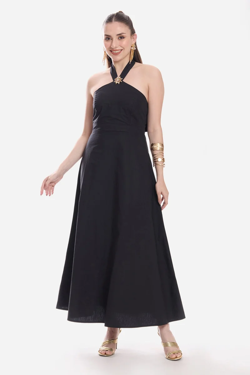 فيرجيو Solid Cotton Halter Neck Maxi Dress for Women