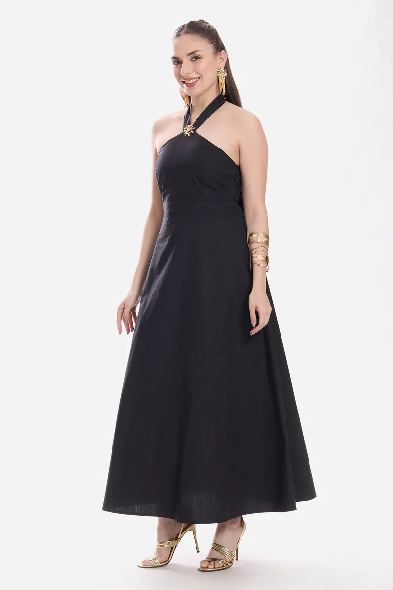 Virgio  Solid Cotton Halter Neck Maxi Dress for Women for Women | Best Price UAE