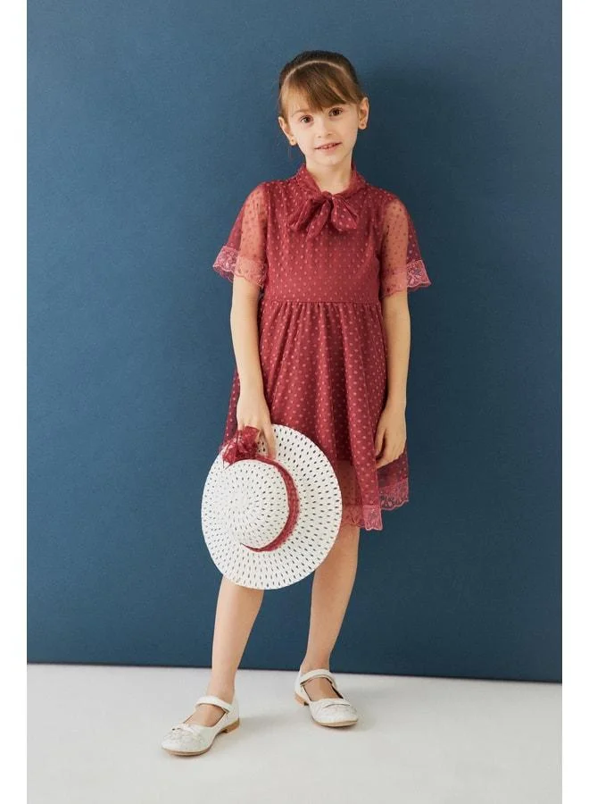 Perendi Hat and Hostess Collar Detailed Girls' Dress in Cherry