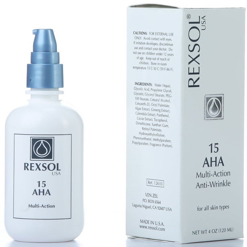 REXSOL 15 AHA Multi-action Anti-Wrinkle Cream | With Vitamin E, Algae Extract, Ginseng Extract, Calendula Extract, Caviar Extract | Diminishes appearance of fine lines & wrinkles (120 ml / 4 fl oz) - Image 2