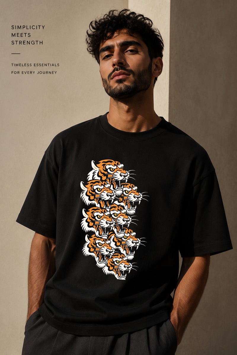 Men's Oversized Black Tiger Graphic T-Shirt Casual Short Sleeve Crew Neck Streetwear Tee - Image 1